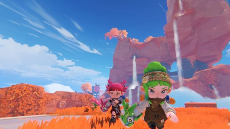 Personagens de POPUCOM correm em cenário laranja com roupas da DLC Too Many Clothes