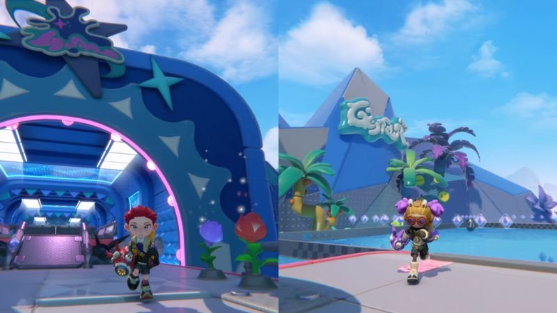 Personagens de POPUCOM com roupas da DLC Too Many Clothes em entrada de área futurista