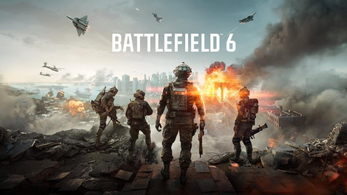Quatro soldados armados observam cidade em chamas com explosões ao fundo, na imagem oficial do anúncio de Battlefield 6