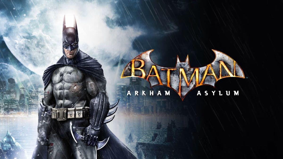 Imagem ilustra Batman em seu uniforme em frente ao Asilo Arkham em capa do jogo Batman Arkham Asylum