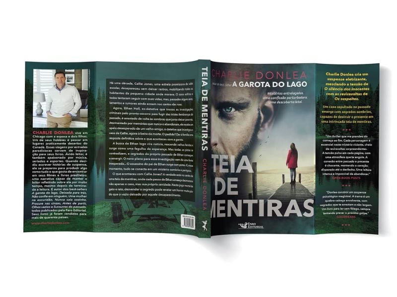 Capa e contracapa de Teia de Mentiras. Crédito: Faro Editorial