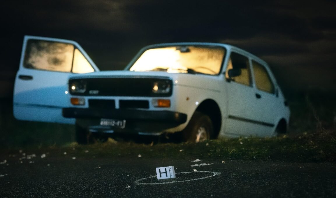 Alt text:
“Carro antigo branco estacionado à noite com a porta aberta, iluminado por luz amarela; no asfalto à frente há uma marcação de cena de crime com uma placa identificada pela letra H.