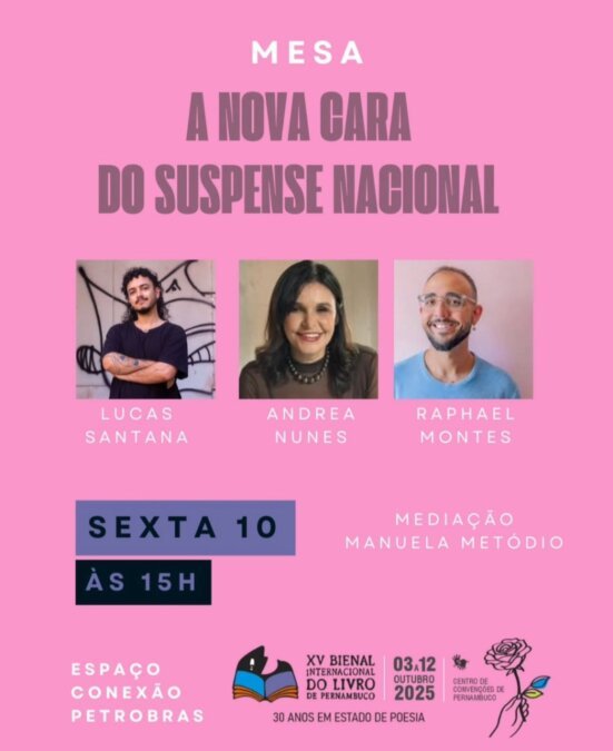 Cartaz da mesa "A Nova Cara do Suspense Nacional" na Bienal do Livro de Pernambuco
