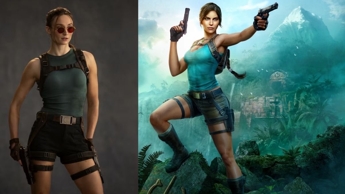 Sophie Turner como Lara Croft série de Tomb Raider ao lado de uma ilustração.