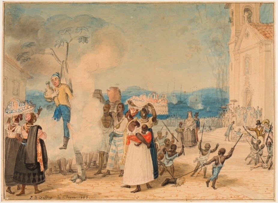 O pintor francês Jean Baptiste Debret retratou a tradição em 1823.
