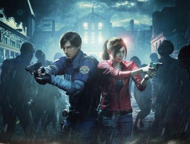 Arte oficial de Resident Evil 2 destaca Leon S. Kennedy e Claire Redfield cercados por zumbis, com a silhueta da delegacia de polícia ao fundo.