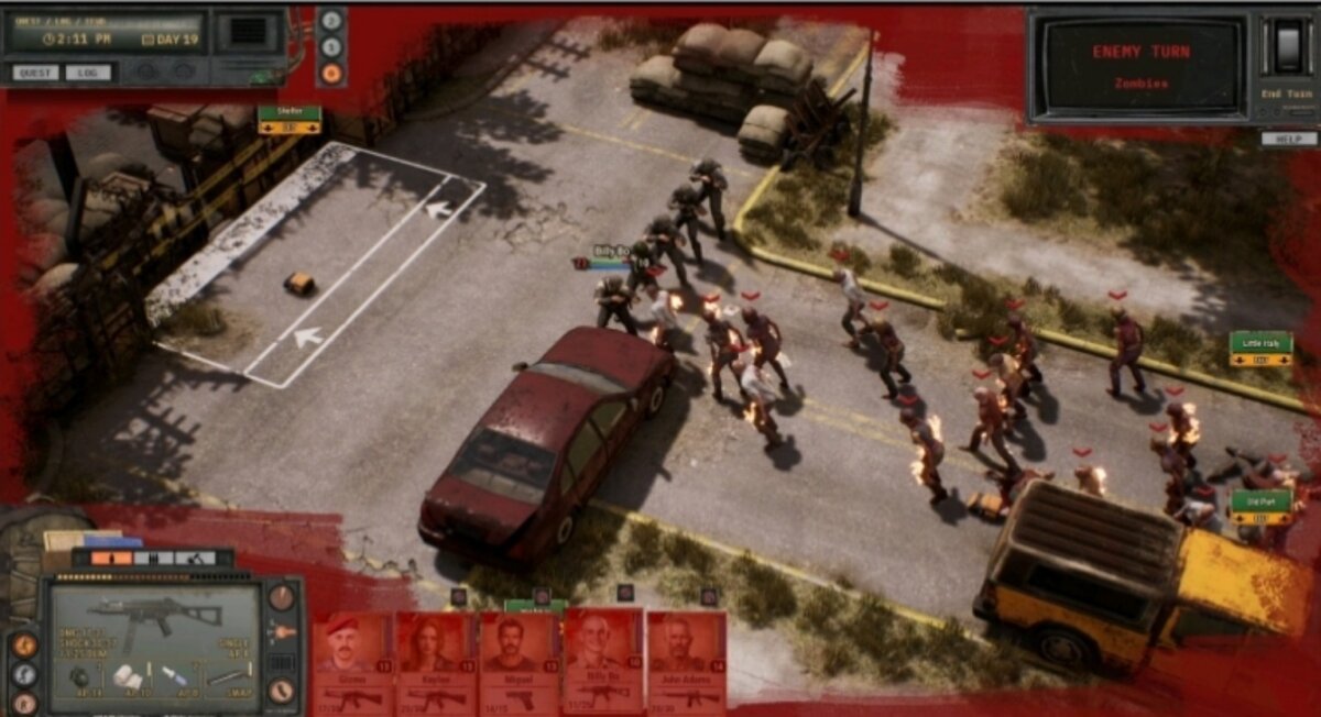 Combate tático em turnos de Urban Strife contra uma horda de zumbis.