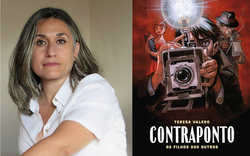 Artista Teresa Valero ao lado da sua HQ Contraponto