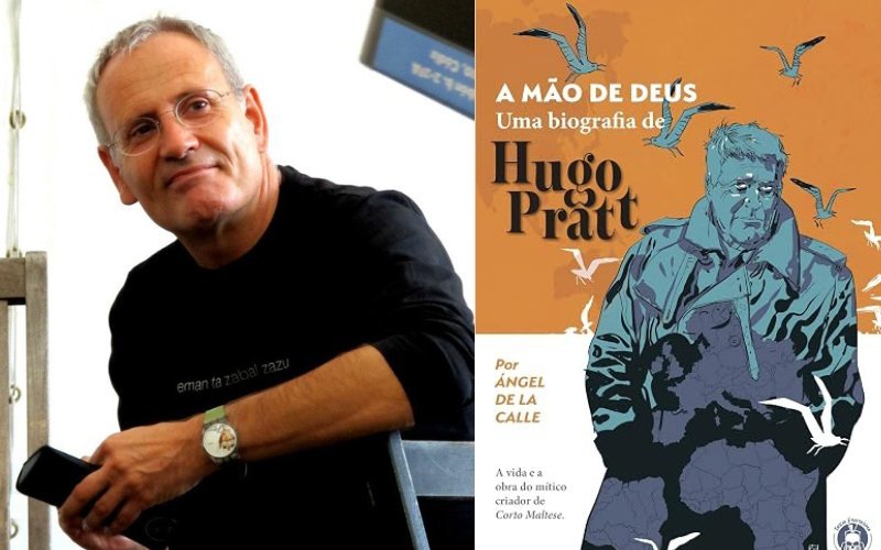 Quadrinista Angel de la Calle ao lado da sua biografia sobre Hugo Pratt