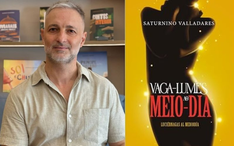 Professor Saturnino Valladares ao lado do seu livro vaga-lumes ao meio dia