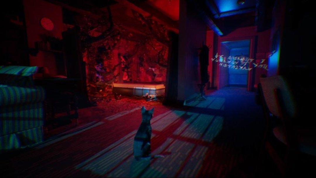 O gato Aaron observando uma sala tomada por raízes e símbolos luminosos em 1666: Amsterdam.