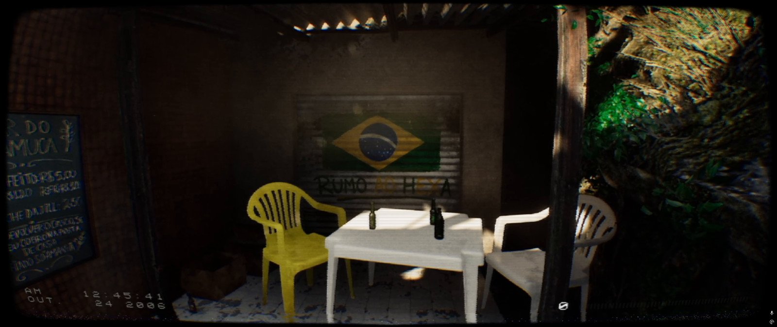 Mesa, cadeiras de plástico, quadro de preços e bandeira do Brasil no Bar do Samuca.