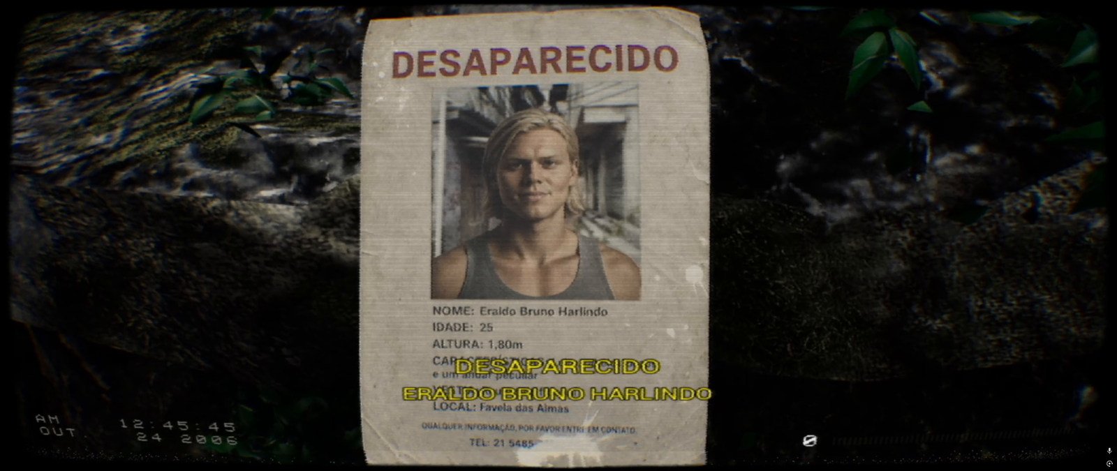 Cartaz com fotografia de um desaparecido preso ao muro da favela.