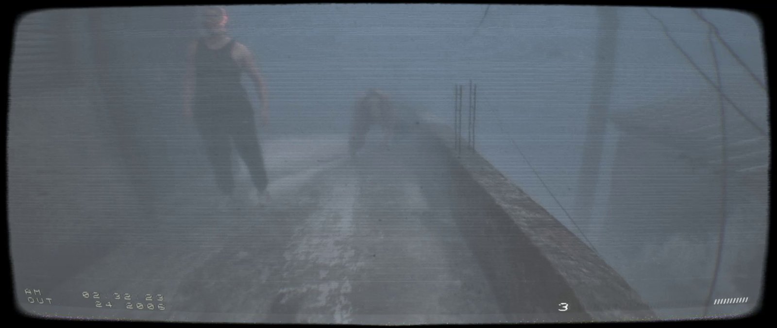 Duas figuras humanas em um caminho elevado entre casas cobertas por neblina.