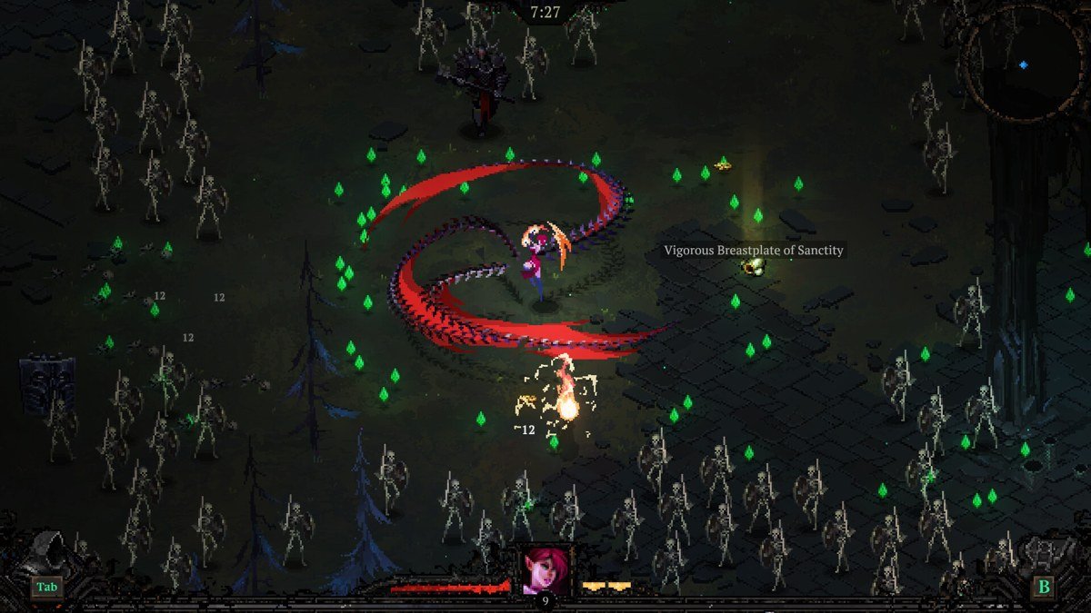 Personagem cercado por inimigos e efeitos de combate em Death Must Die.