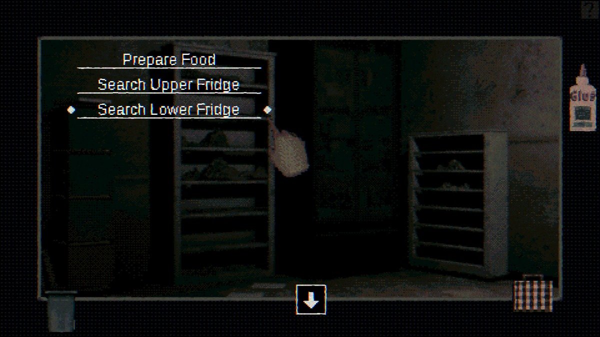 Interface de Growing My Grandpa! com uma geladeira aberta e opções para procurar e preparar comida.