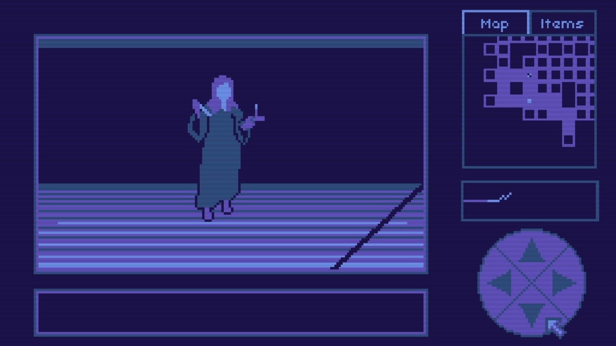 Figura feminina em tons de azul na interface de The Horror of Salazar House, ao lado do mapa e do inventário.