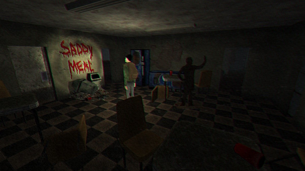 Personagem em uma sala escura com cadeiras, grafites e uma sombra na parede em The Night of the Scissors.
