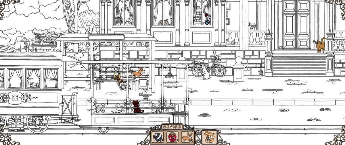 Fachada de um edifício e bonde em Find All 3: Travel, com a maior parte do cenário em preto e branco.