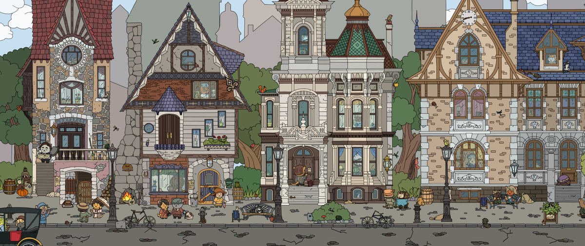 Fachadas e personagens de Find All com a cena colorida.