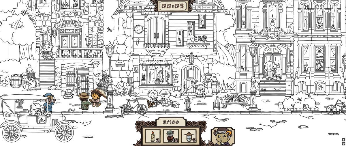 Casas e rua de Find All ainda em preto e branco, com alguns personagens coloridos e o contador em 3 de 100.