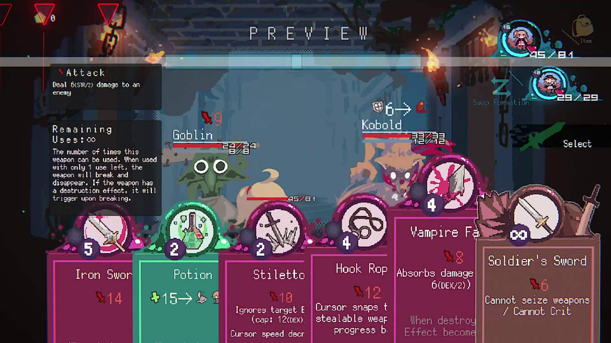 Tela de combate de Annihilated com inimigos, cartas de armas e itens disponíveis.