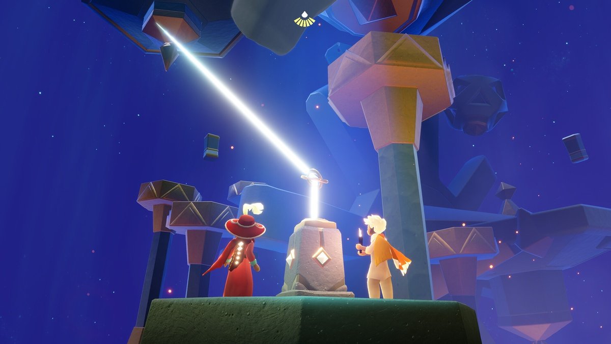 Dois personagens de Sky junto a uma estrutura iluminada em um cenário de fantasia.
