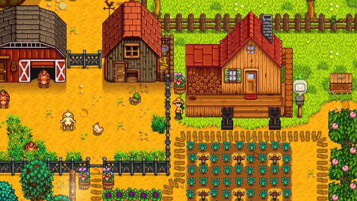 Fazenda de Stardew Valley com casa, animais e uma plantação.